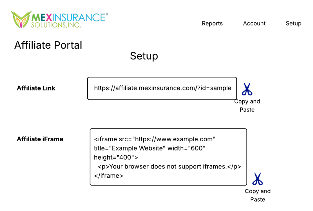 MexInsurance Affiliate Portal Setup Section