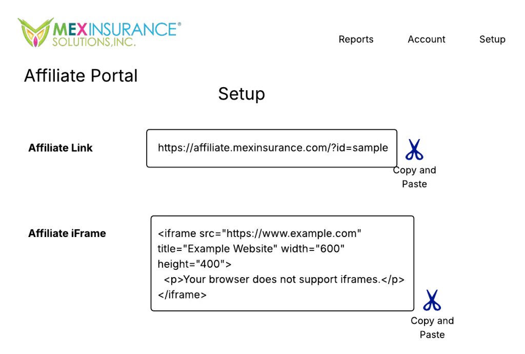 MexInsurance Affiliate Portal Setup Section